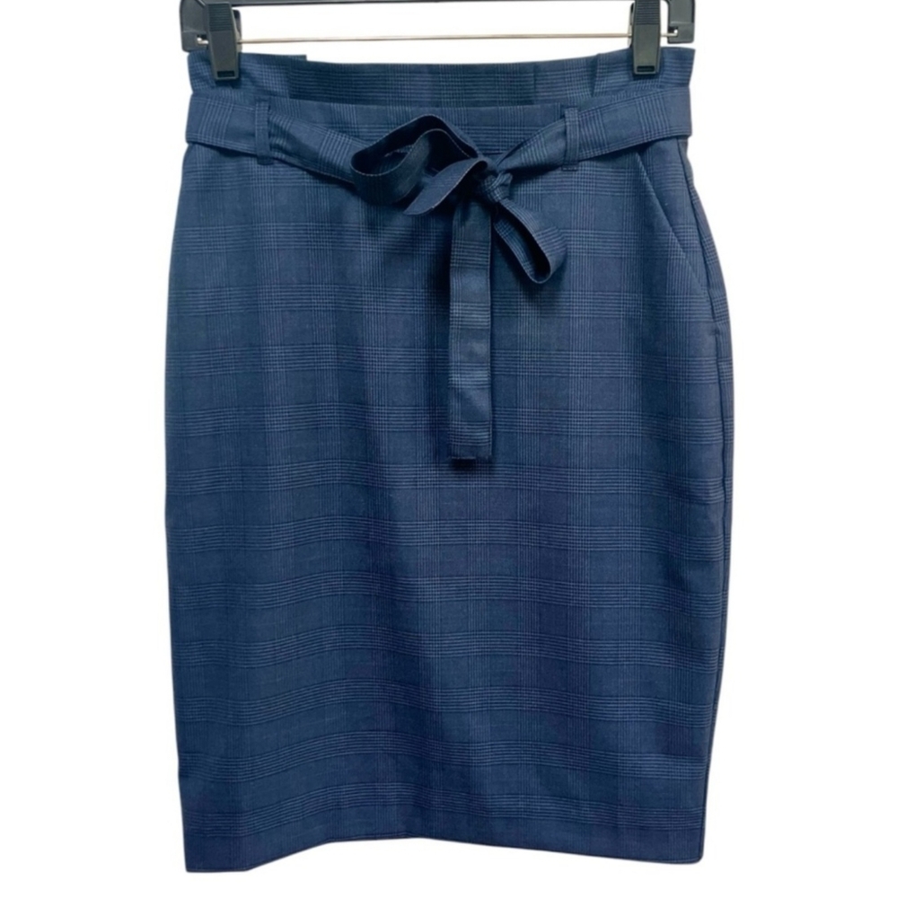 Banana Republic Factory Blue Plaid Tie Front Pencil Skirt Women's Size 0P